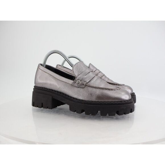 Free People Womens Lyra Lug Sole Penny Loafers Chunky Silver Leather 39 EU / 9 - Picture 6 of 14